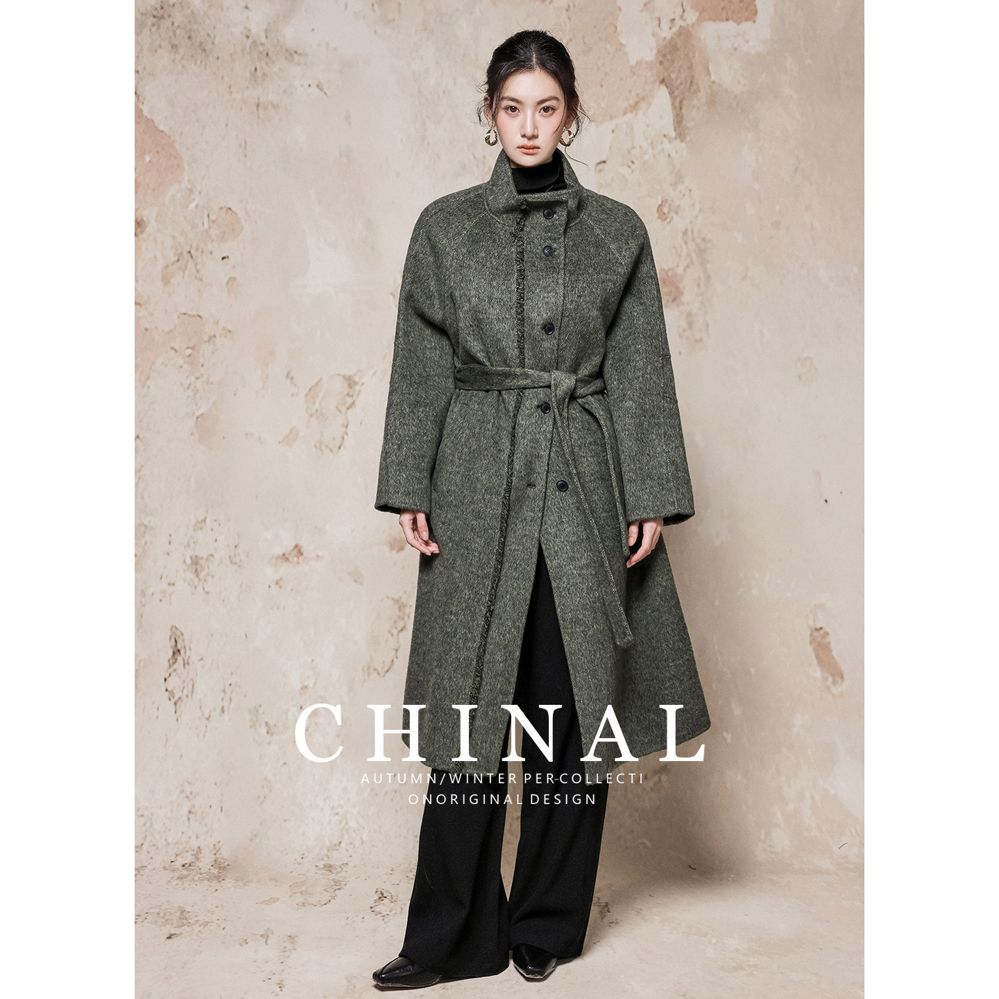 CHINAL冬装新款极简立领中长款羊毛呢外套女复古双面呢绵羊毛大衣