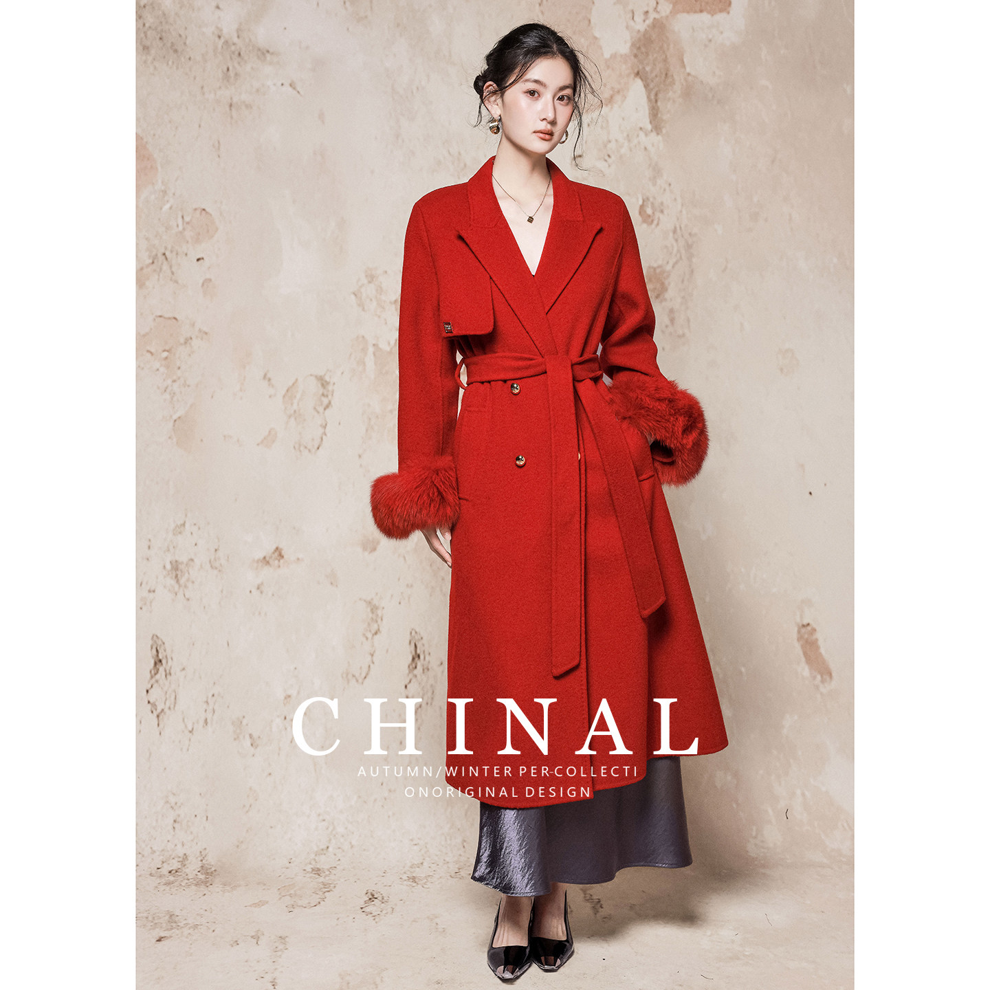 CHINAL冬装新款韩版时尚中长款绵羊毛外套女狐狸毛袖双面羊绒大衣