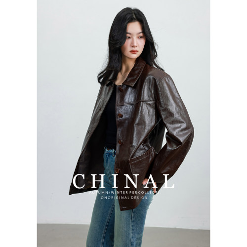 CHINAL秋装新款进口油蜡羊皮真皮皮衣女老钱风年轻款夹克外套