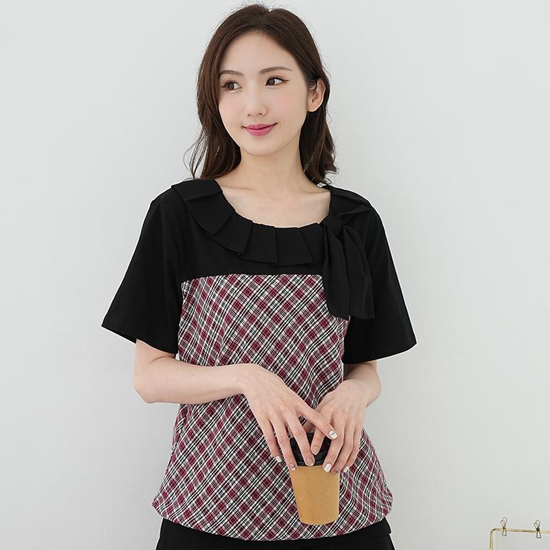 艾依琪格女上衣大码胖mm显瘦韩版娃娃领格子短袖2025年胖妹妹夏装