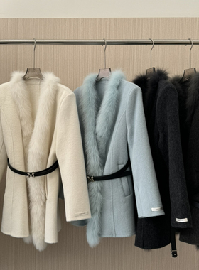 瑞家绒-瘦羊毛外套(配腰带真狐狸毛毛领可拆)（含70绵羊毛）8876
