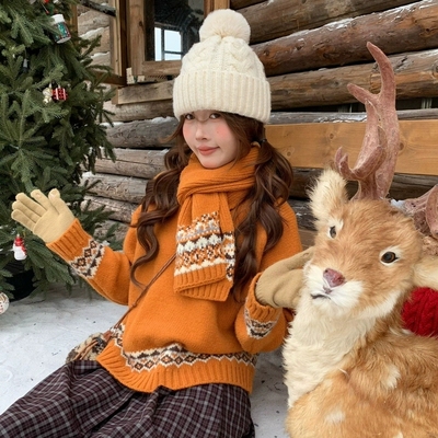 瑞瑞小众设计尔岛圆领配保暖围巾针织衫(配同系围巾)L-128Y3357