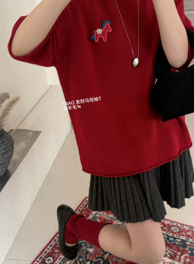 瑞瑞家羊毛韩系刺绣马爆款小卷边短袖针织衫（含100绵羊毛）36103