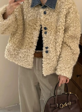 瑞瑞设计韩锐池-韩系慵懒风牛仔拼接领毛绒短外套28260