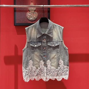 瑞瑞26年夏上新法式 复古设计感蕾丝拼接显瘦牛仔马甲q620