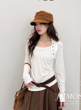 瑞瑞设计脖露肩圆领钉珠挂脖设计感褶皱收腰显瘦长袖T恤J86263