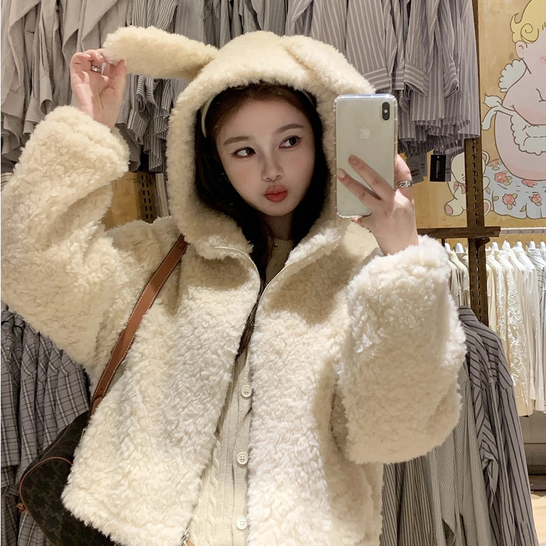 瑞瑞爱兔兔韩版连帽兔兔进口澳毛百搭时尚羊毛外套含100羊毛ZZ21