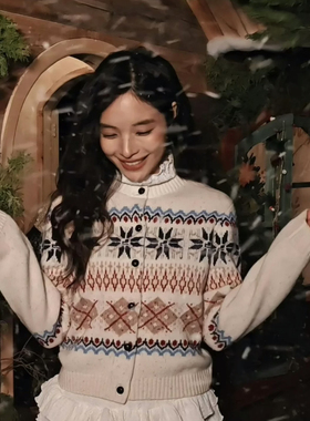 瑞计复古简约气质圆领单排扣费尔岛针织开衫（含52绵羊毛）15082