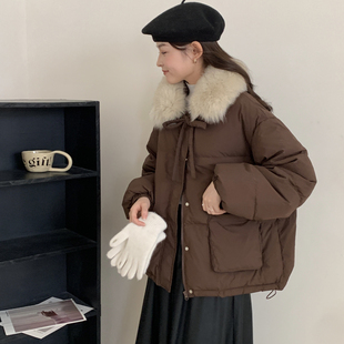 瑞瑞狐狸毛领飘带大口袋保暖羽绒服外套 2502 配可拆真狐狸毛毛领