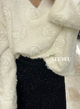 瑞瑞设计玫瑰毛茸茸流苏针织衫洋气别致毛衣上衣小衫HHdn25521