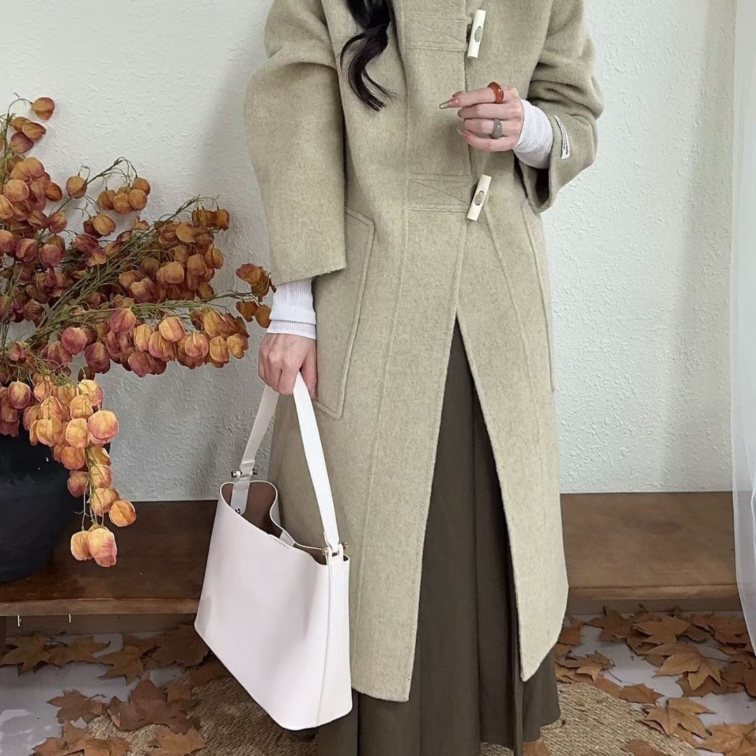 瑞福利～慵懒风连帽牛角扣长款双面羊毛外套（含68.2羊毛）B9023,女装/女士精品,羽绒服,淘宝优惠券,粉丝福利购,淘宝优惠卷