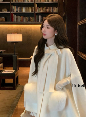 瑞瑞家千金风蝴蝶结双面呢斗篷羊毛外套（含100绵羊毛）PZzz28096