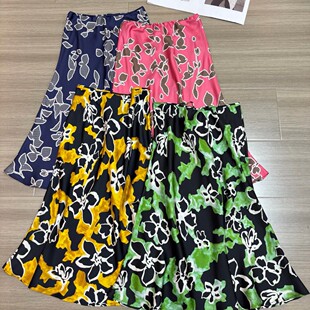 瑞瑞店花高级简约撞色真丝印花利落A字鱼尾剪裁半身裙YS363 G322