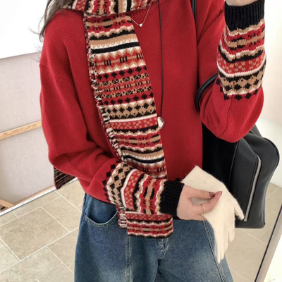 瑞瑞小众设计尔岛风格圆领保暖毛衣(配围巾)（含100绵羊毛）M36-5