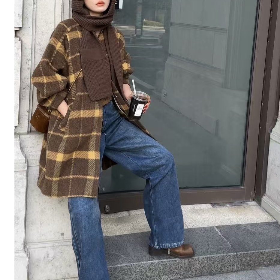 瑞式复古风格纹中长羊毛外套(配可拆卸帽子)（含70羊毛）1217-2