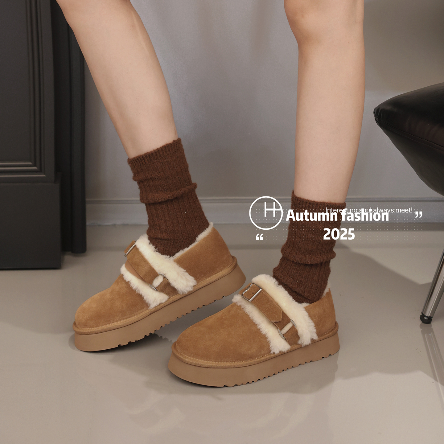 真皮厚底羊毛保暖时尚雪地棉鞋女