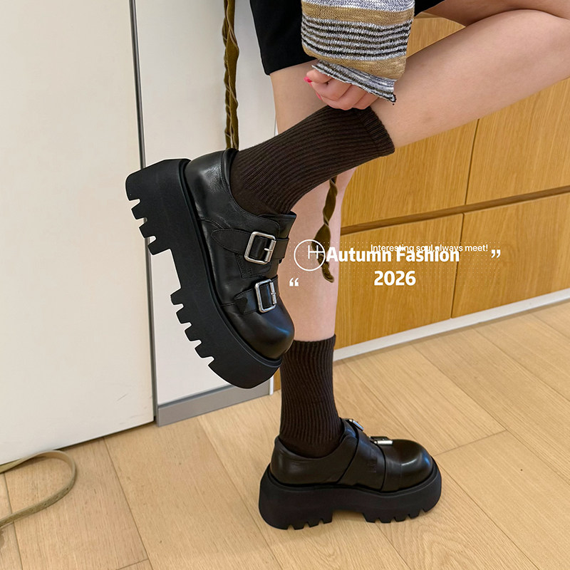 秋季学院风厚底增高乐福鞋女黑色