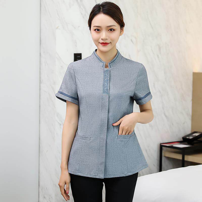 新款保洁员工作服短袖男女灰色保洁服装酒店宾馆物业亚麻保洁服夏