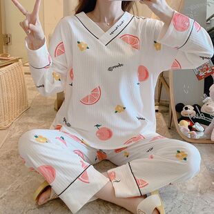 纯棉睡衣女夏季薄款长袖韩版宽松可爱学生少女春秋家居服两件套装