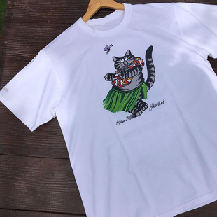 hawaii卡通动漫猫咪美潮复古短袖oldschool嘻哈vintage情侣装T恤