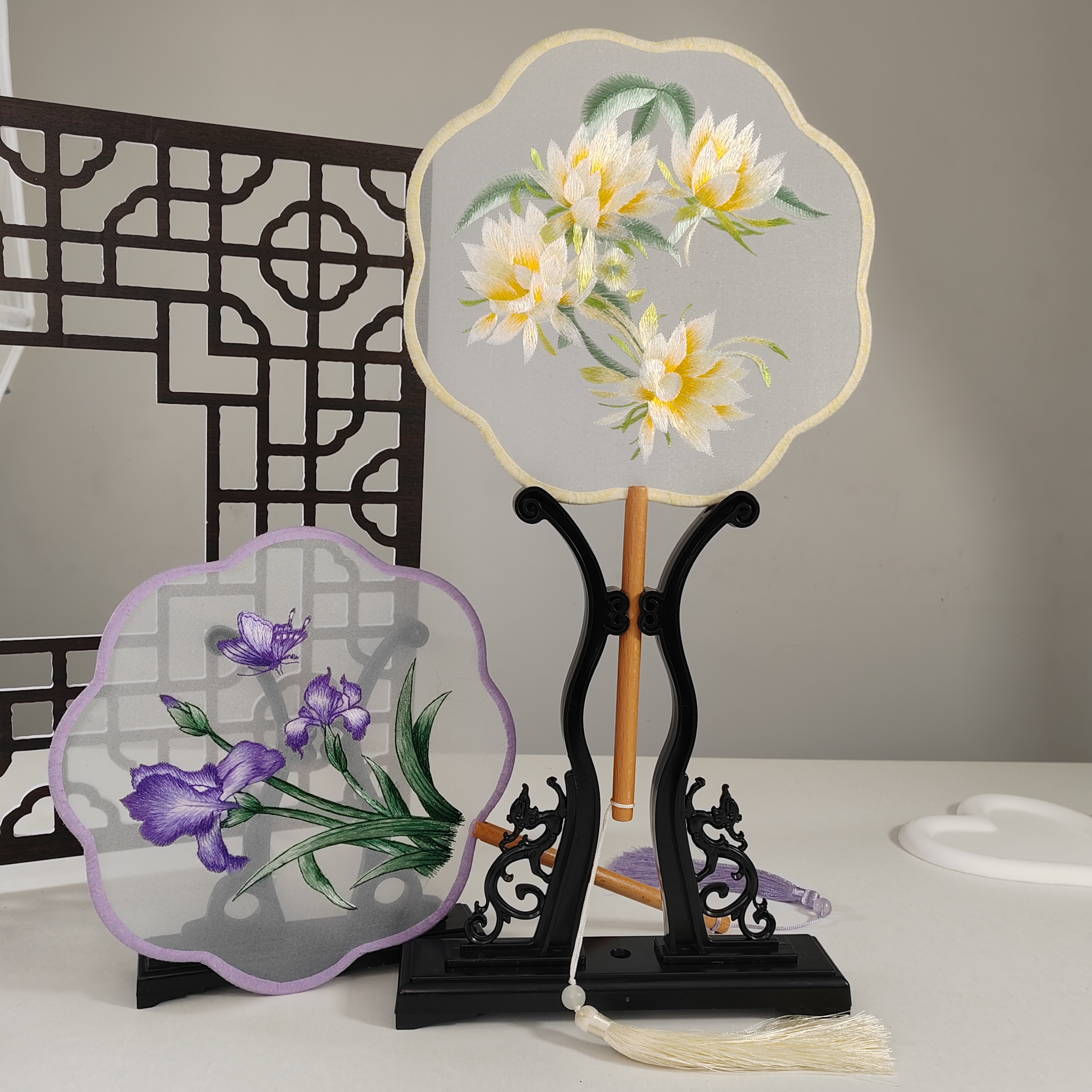 苏绣团扇古风扇子儿童汉服夏天长柄女童舞蹈扇刺绣古装小圆扇双面