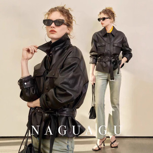 今年流行特惠休闲经翻领腰带配外套L羊皮泡衬衫 皮女绵羊皮衣宋式