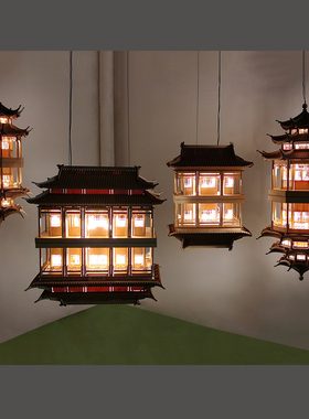 新中式纯手工木质古建筑模型挂鉓室内橱窗软装悬挂鉓品