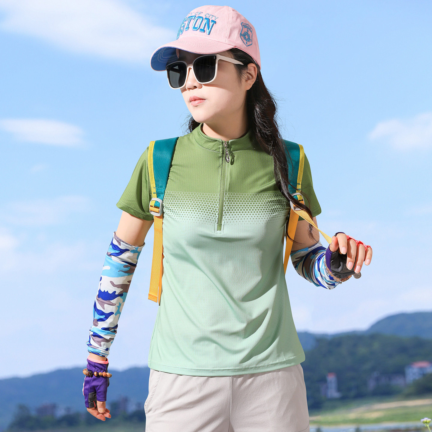 户外立领冰丝渐变运动速干T恤女短袖轻薄透气跑步徒步快干衣半袖