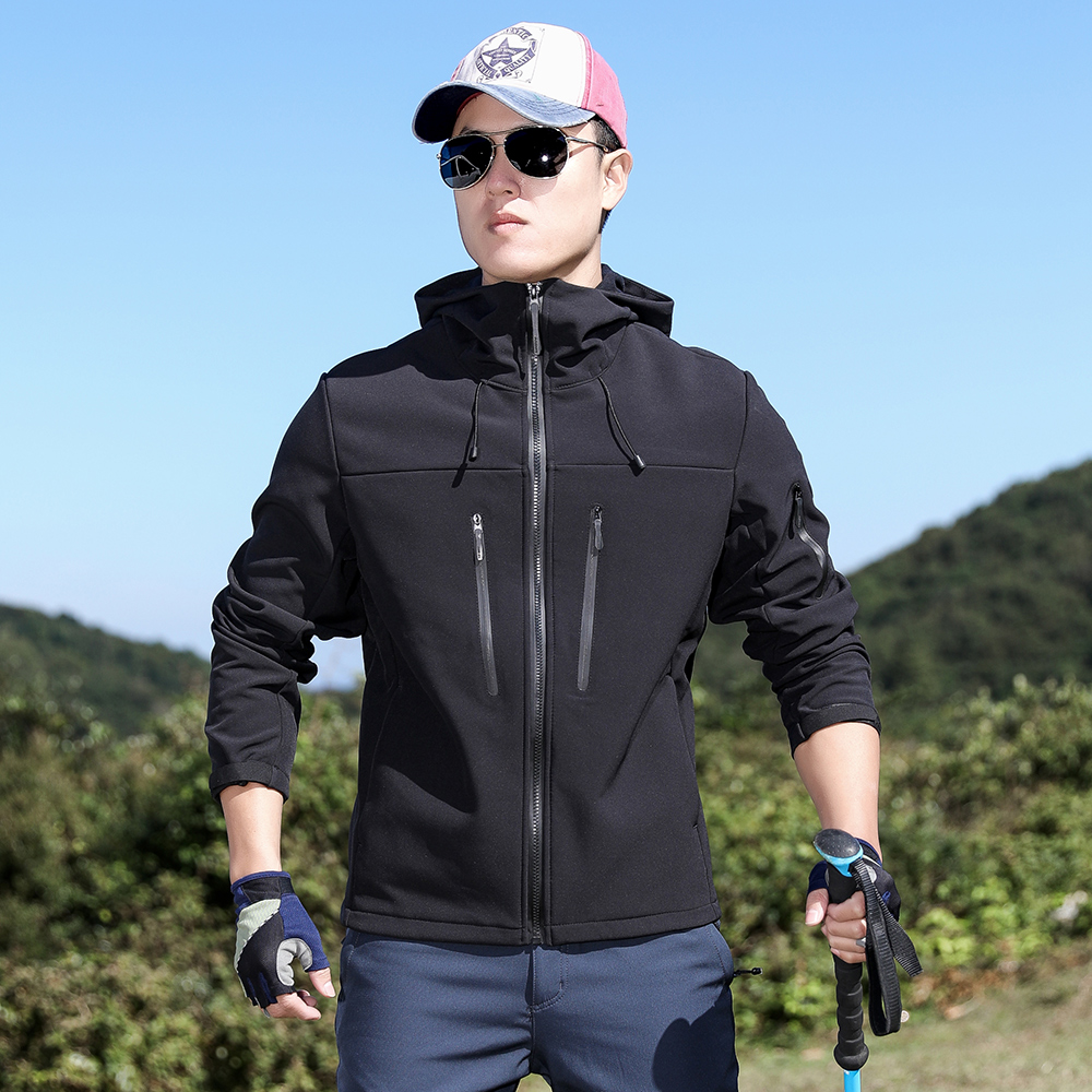户外运动连帽软壳衣男上衣抓绒衣防风保暖冲锋衣男登山摇粒绒外套