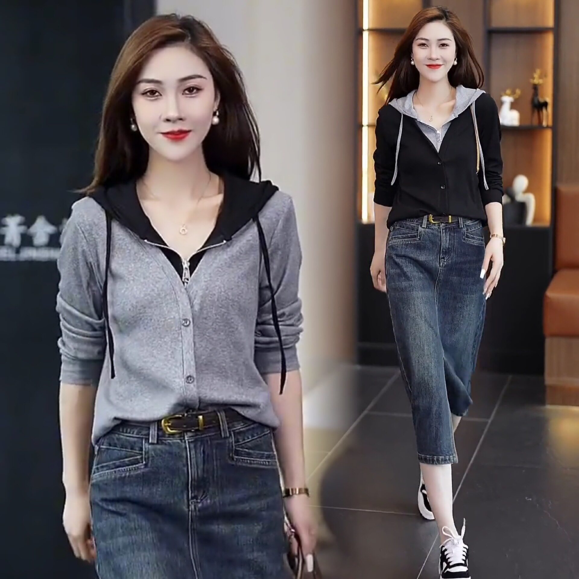 小个子时尚套装女休闲连帽卫衣2024春装新款百搭牛仔半身裙两件套