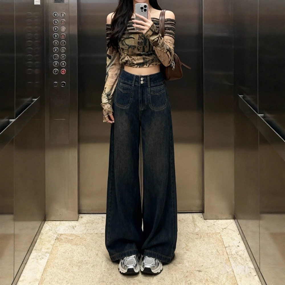 加绒加厚阔腿牛仔裤女2026秋新款复古宽松慵懒垂感高腰直筒裤子