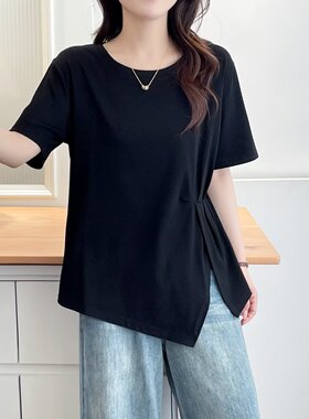 2025夏短袖T恤大码女装纯色不规则收腰上衣圆领胖妹褶皱小衫458