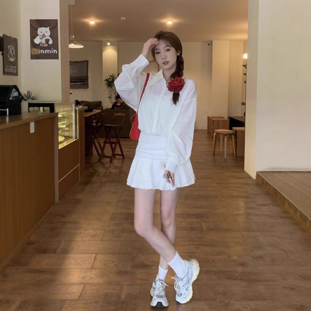 白色衬衫连衣裙女长袖V领收腰A字短裙小个子气质轻奢风
