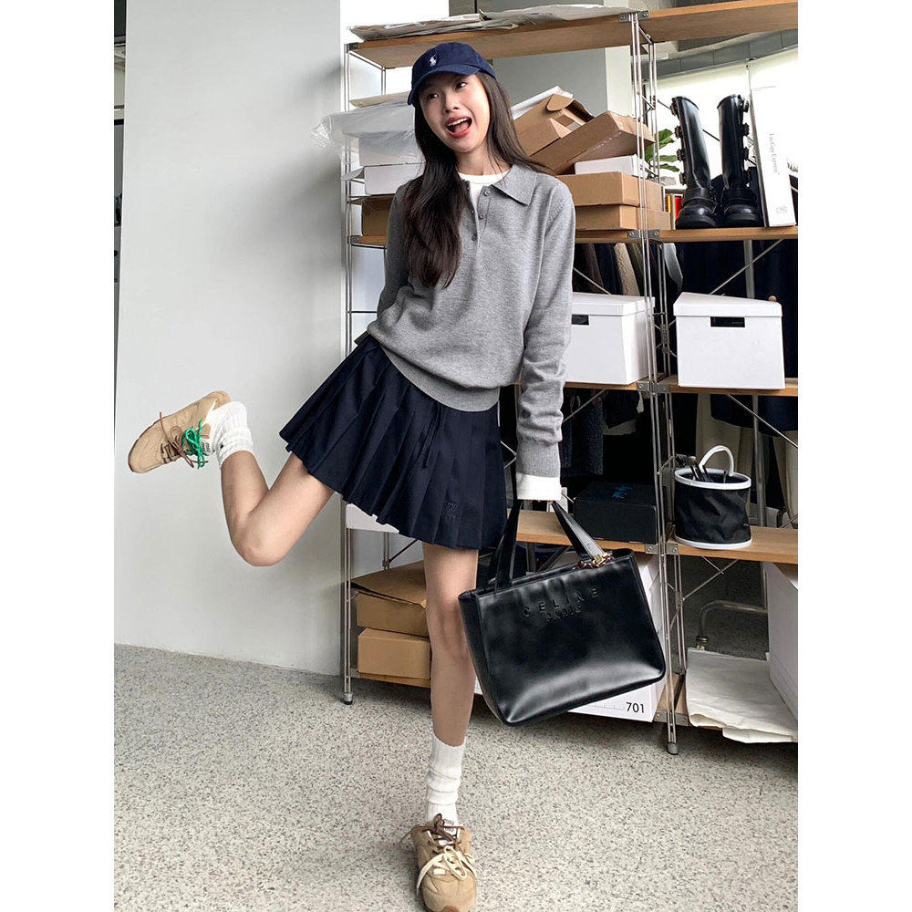 高级感灰色针织衫春春季polo领正肩翻领小众内搭女长袖上衣打底衫