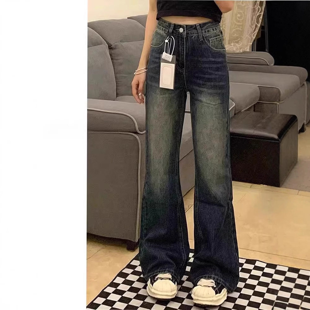 梨形身材不贴腿蓝灰色微喇牛仔裤女早春季大码胖mm高腰喇叭阔腿裤