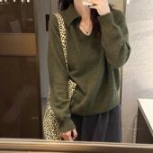 慵懒风软糯绿色毛衣女秋翻领松弛感内搭打底衫 显瘦打底针织上衣