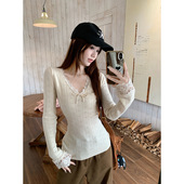 内搭打底衫 蝴蝶结蕾丝V领系带纯欲修身 安迪绒针织上衣女韩版