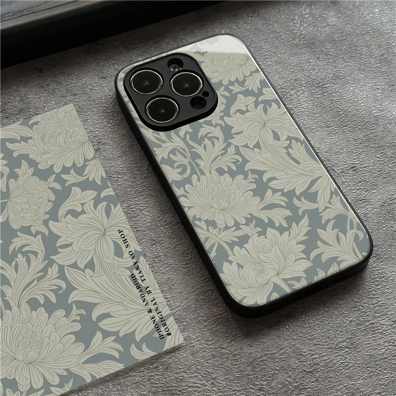 复古法式花纹适用iPhone13promax苹果14手机壳荣耀80玻璃保护套小米12全包p60华为mate50三星viv