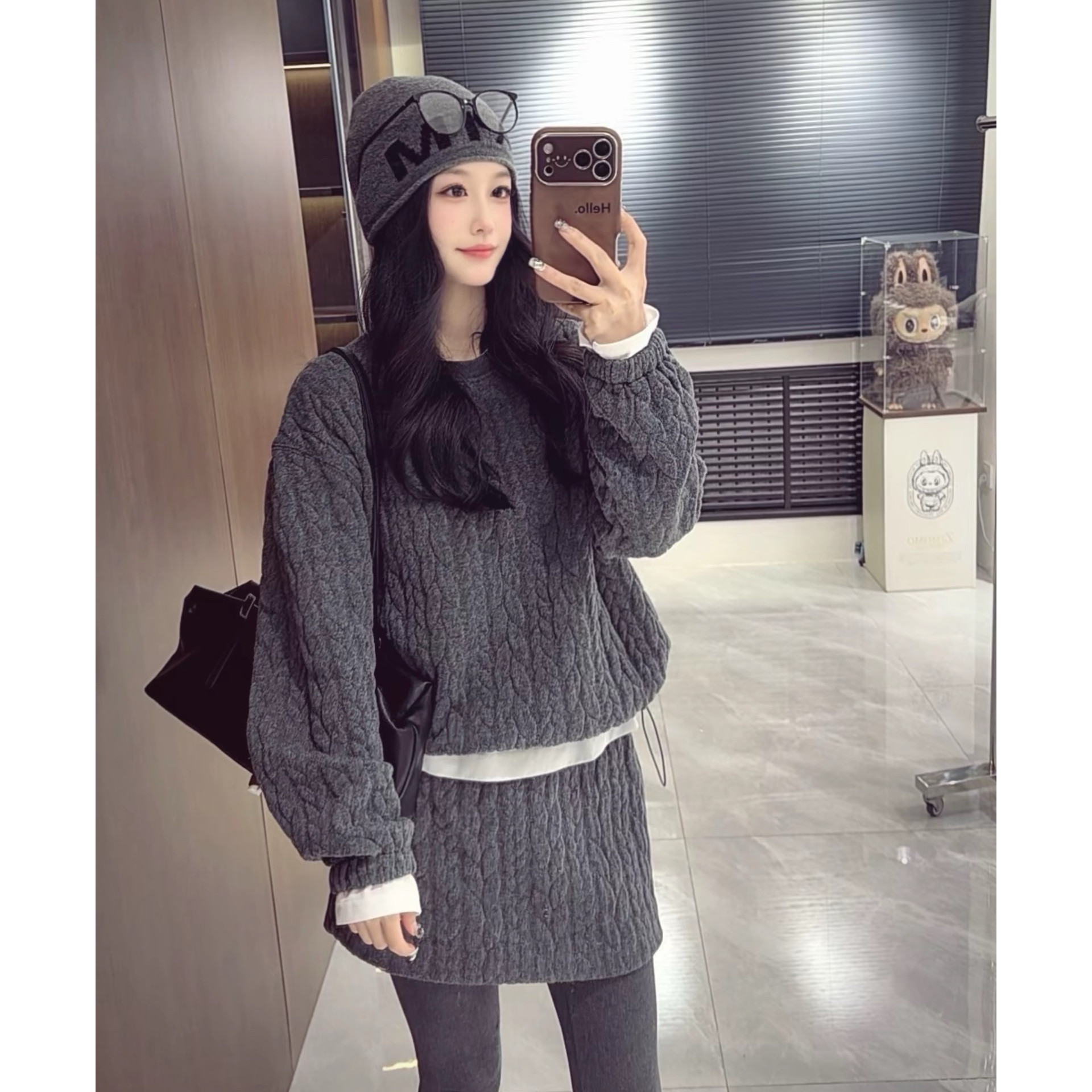 麻花抽绳卫衣半裙套装女两件套