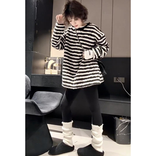 秋冬韩版条纹长袖T恤女中长款卫衣宽松圆领百搭减龄上衣黑白条纹