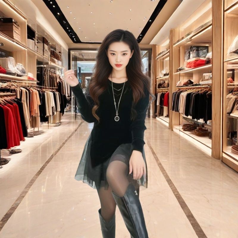 连衣裙设计感网拼接丝绒遮肉短裙