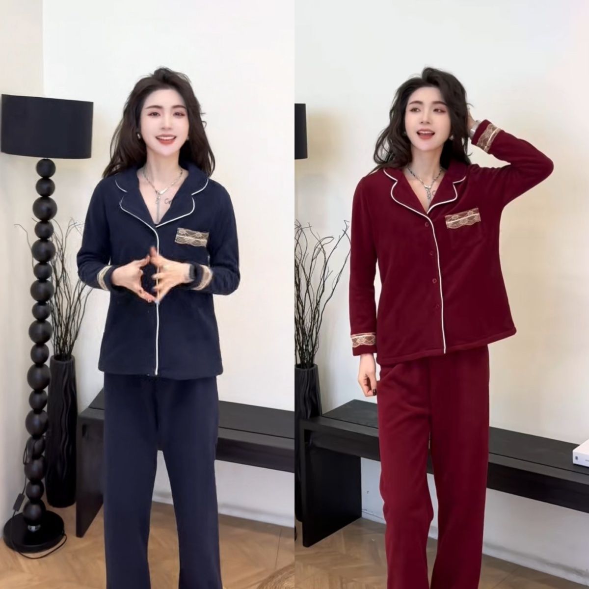 秋冬季德绒睡衣套装女长袖新款蕾丝拼接加绒两件保暖休闲家居服