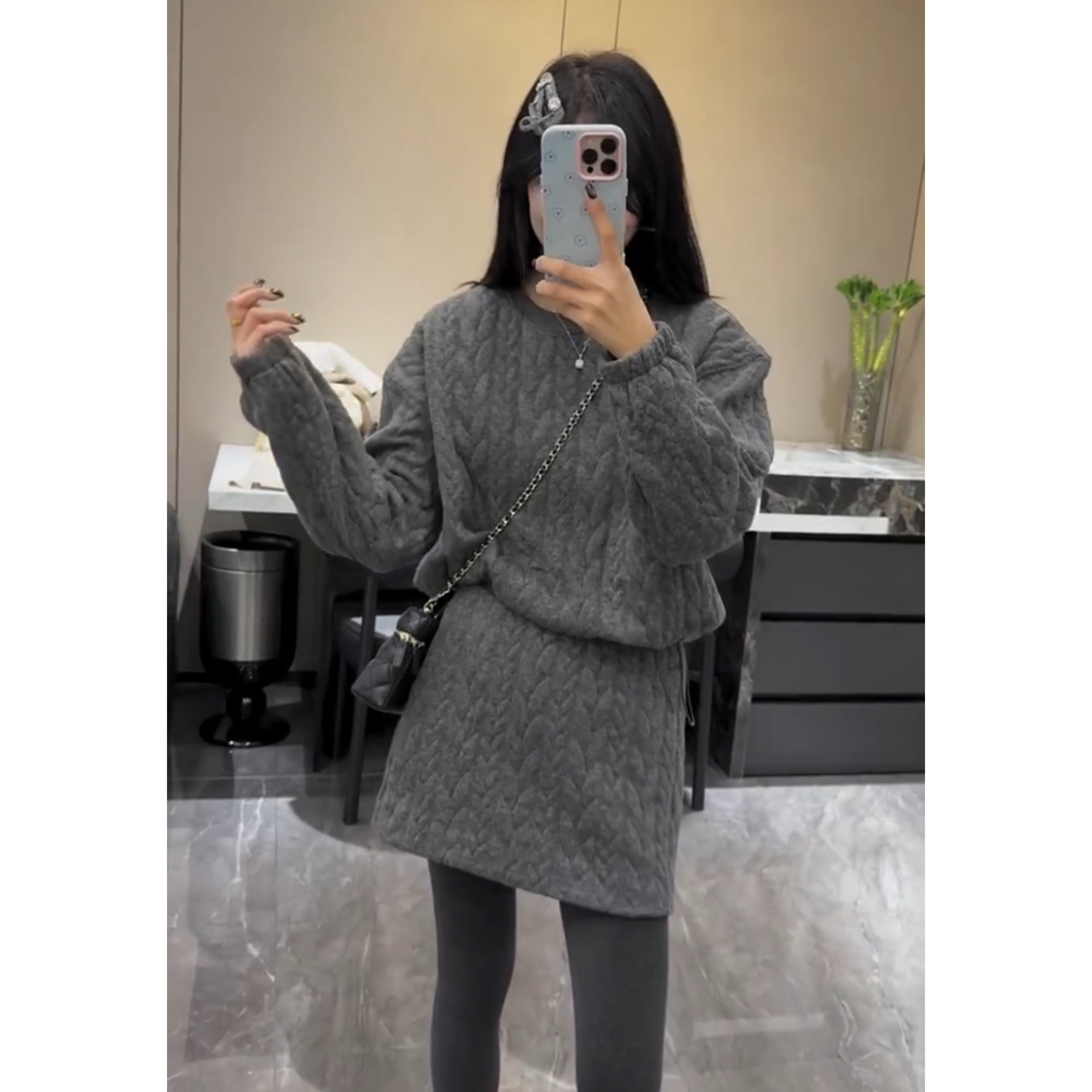 抽绳麻花卫衣半裙套装女两件套