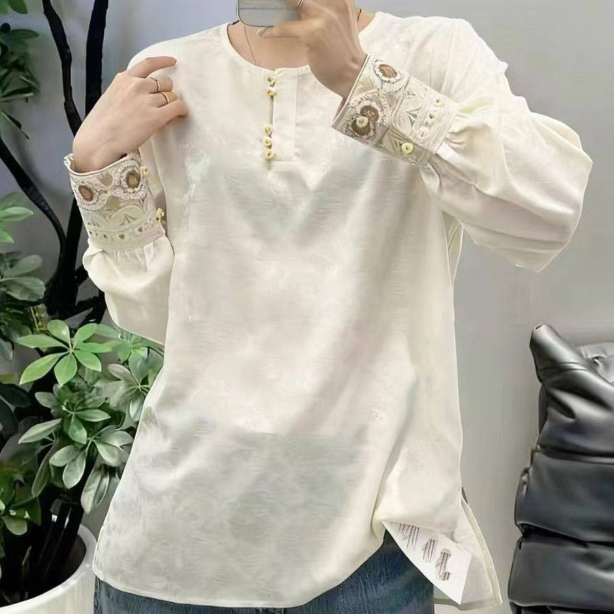 中式国风衬衫缎面提花刺绣衬衣