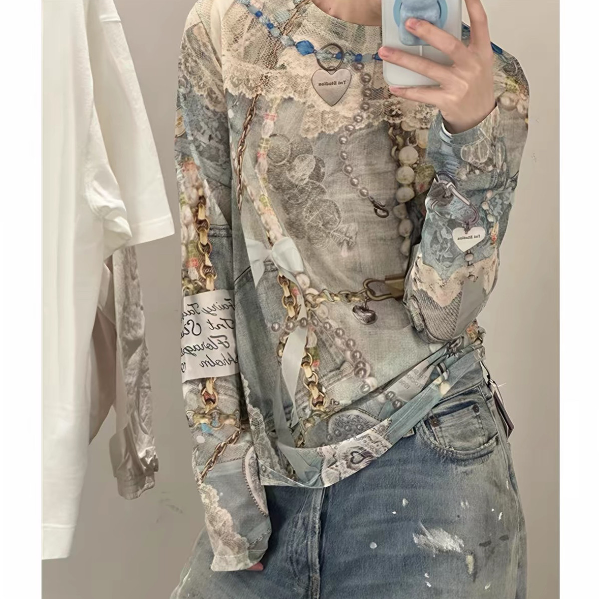 y2k鬼马少女美式风3D印花长袖T恤女宽松潮牌上衣情侣打底衫