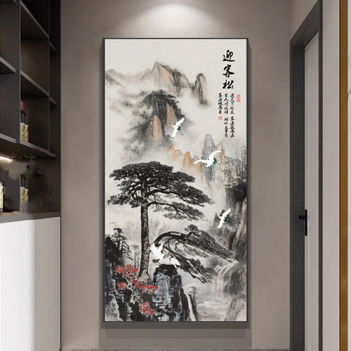 现代中式玄关装饰画迎客松正对入户门走廊过道背景墙挂画带灯版画