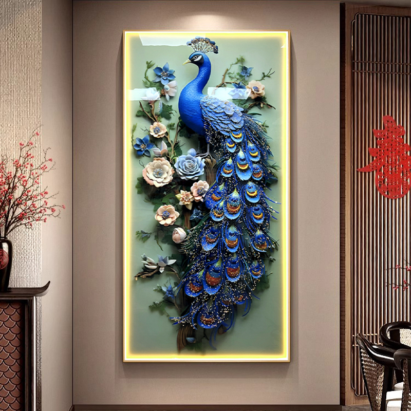 现代轻奢风油画孔雀玄关LED灯装饰画背景墙画走廊挂画镶钻晶瓷画图片