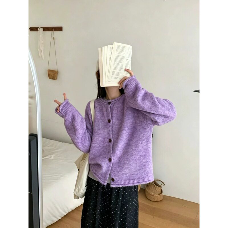 韩系～简约纯色圆领袖口卷边单排扣egg针织衫~ 休闲通勤毛衣外套图片