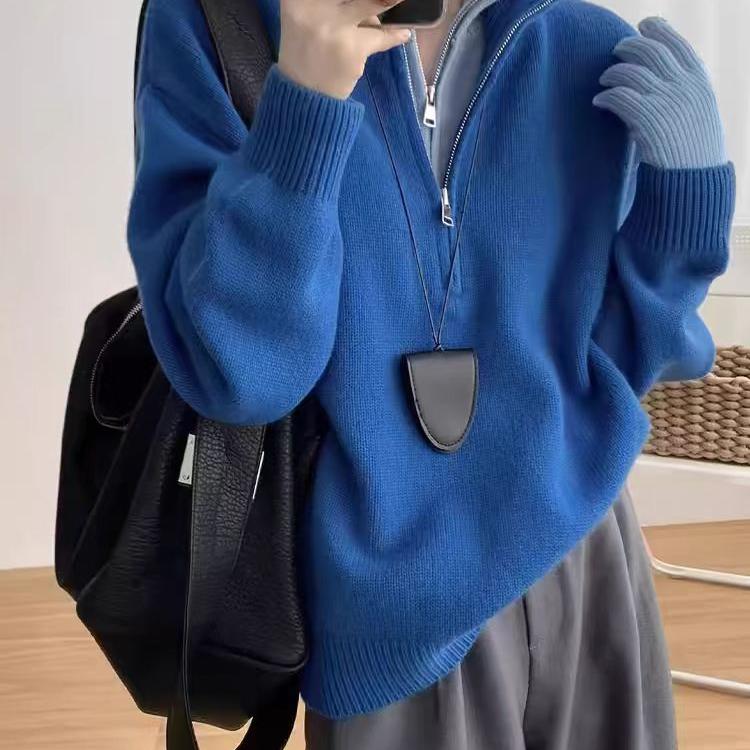 慵懒风假两件拉链半开襟套毛衣