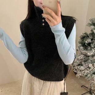 欧洲站2025春秋款高领马甲纯色无袖三粒扣设计宽松显瘦针织衫马夹